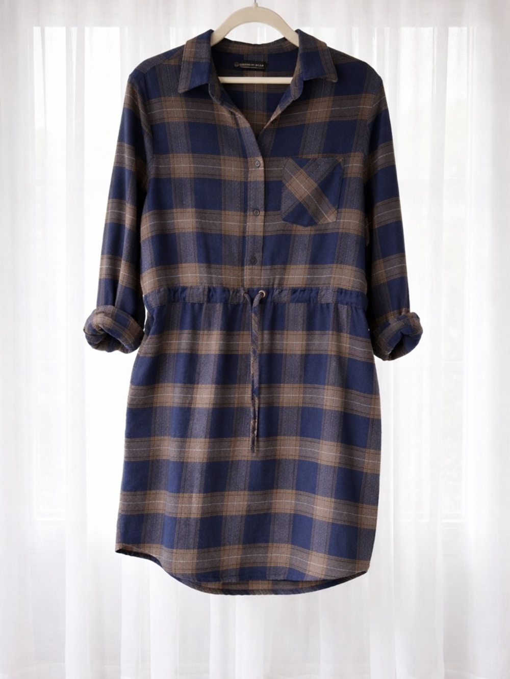 United By Blue Plaid Shirt Dress Drawstring Waist Blue Brown Flannel Size Medium